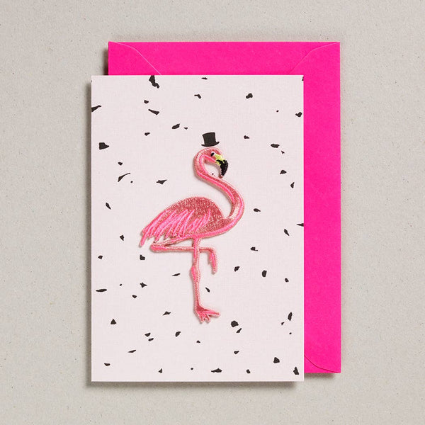Wenskaart met patch - Roze Flamingo