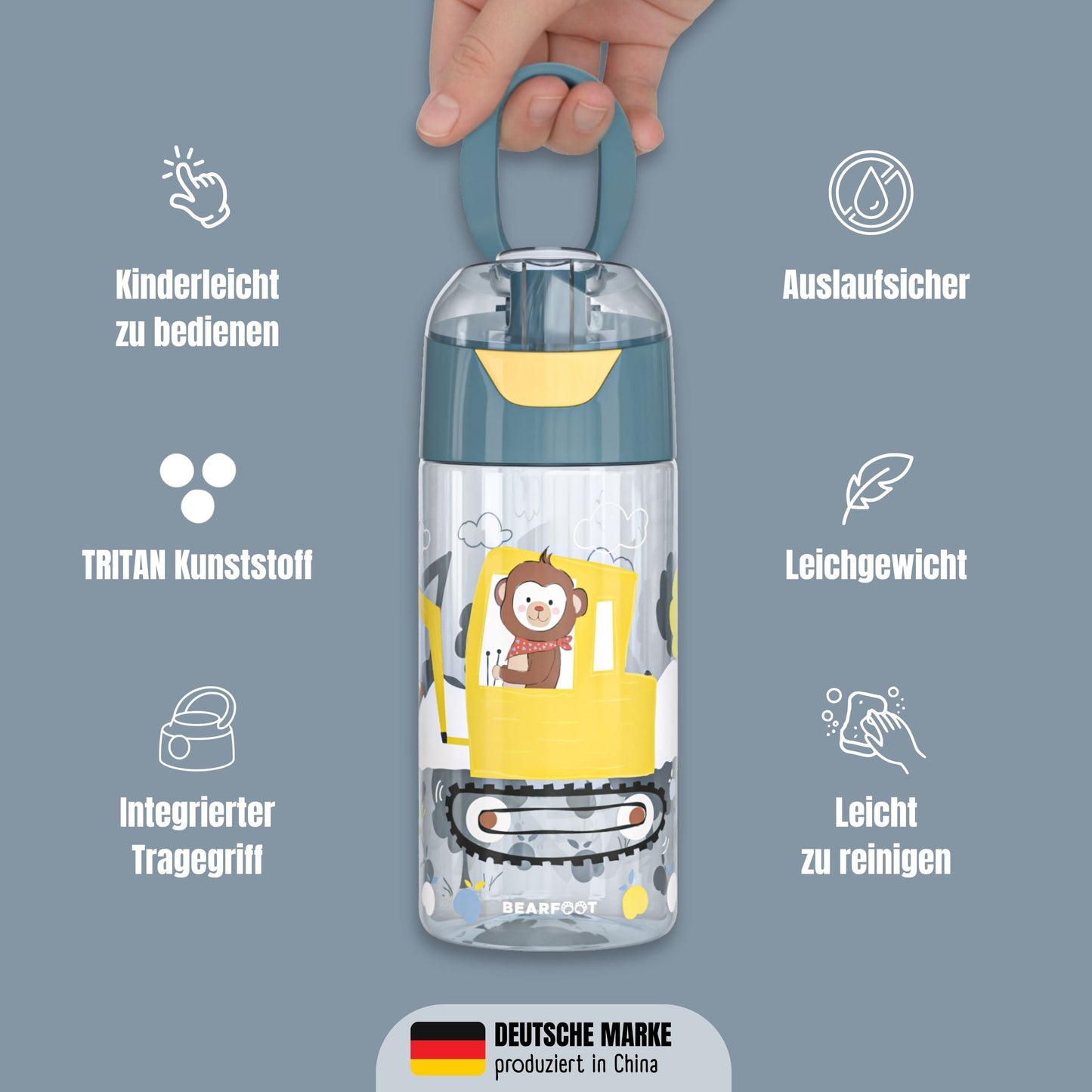 Trinkflasche Kinder, leichte Wasserflasche - Bagger & Affe