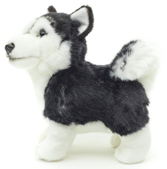 Staande zwarte husky puppy pluche speelgoed