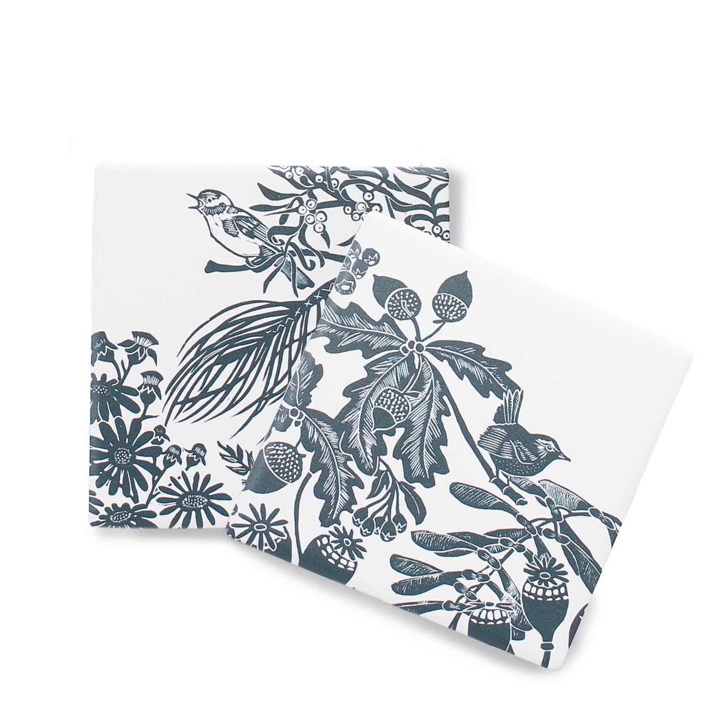Woodland Acorn Bird Navy Ceramic Coasters