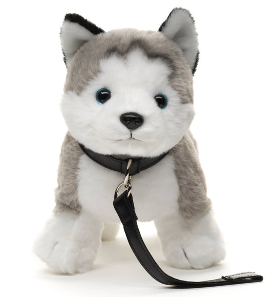 Grey Husky plush toy, standing (with leash)