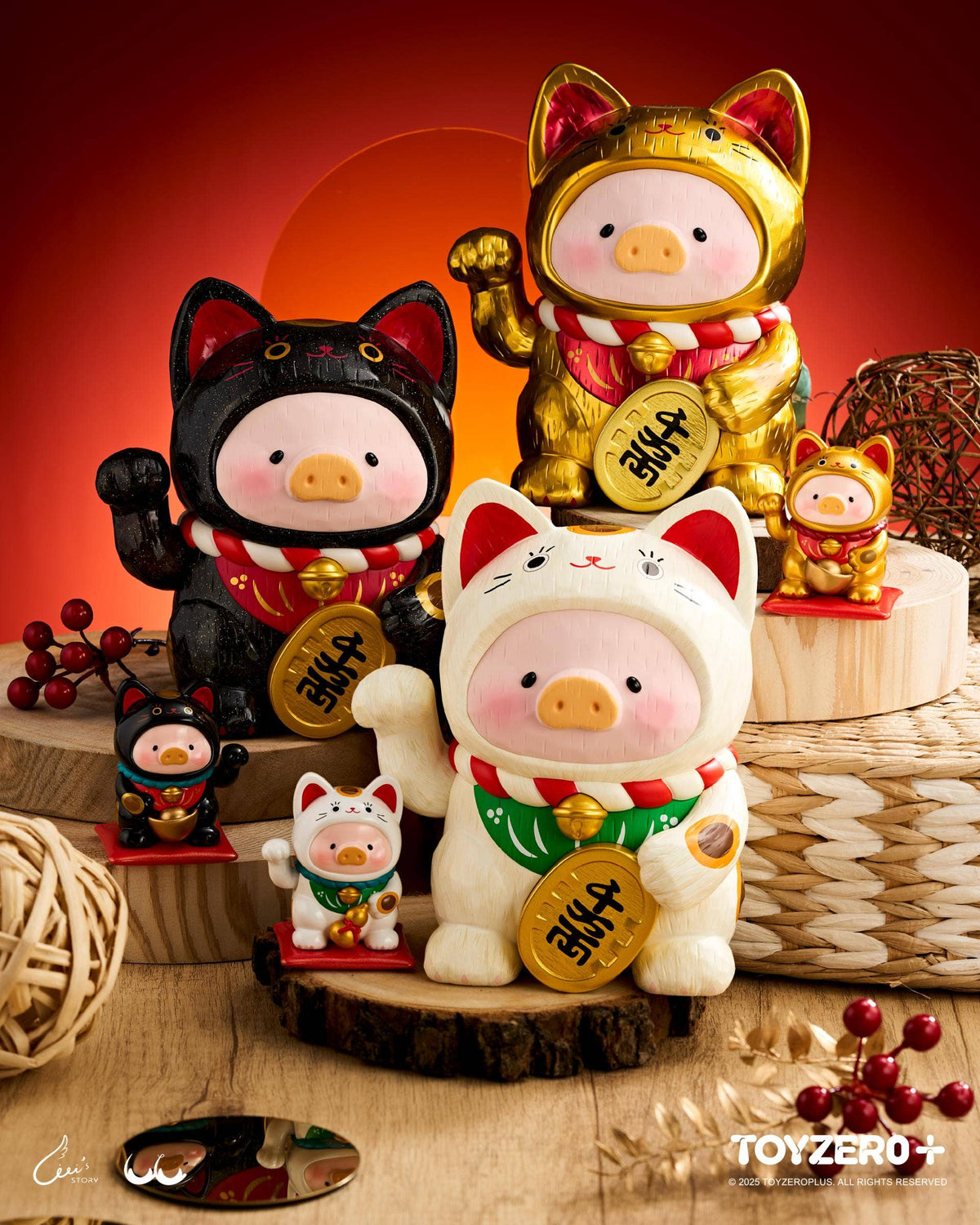 LuLu le Cochonnet - Maneki Lu (chat doré) — sculpture en bois 18cm