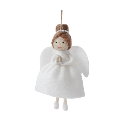 Hanging decoration in the shape of a felt angel with dark hair