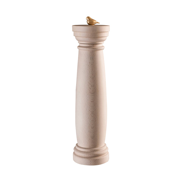 "Column" spice mill in matte white beech with small gold bird
