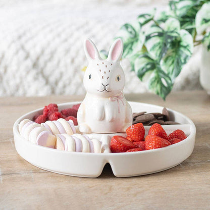 Snack serving dish with dip compartment and Easter bunny design