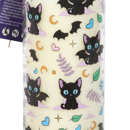 Bougie tube lavande avec imprimé de chat chauve-souris mignon et effrayant