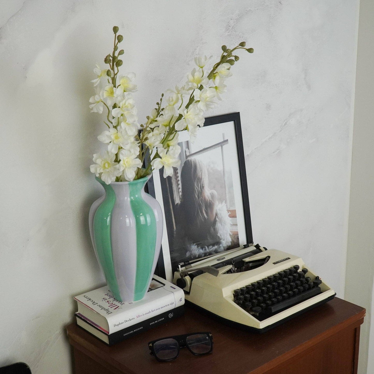 Vase à fleurs - Vase plissé - Céramique - Lilas/Vert - 16,5x16,5x29,5 cm