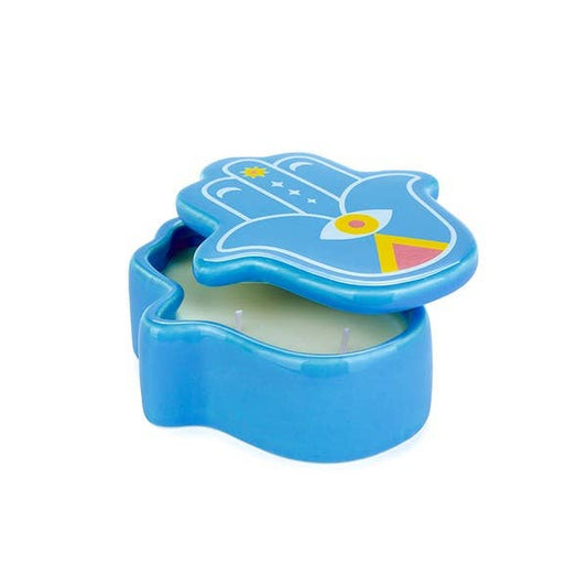 Kaars, Gelukshand, blauw, was/keramiek