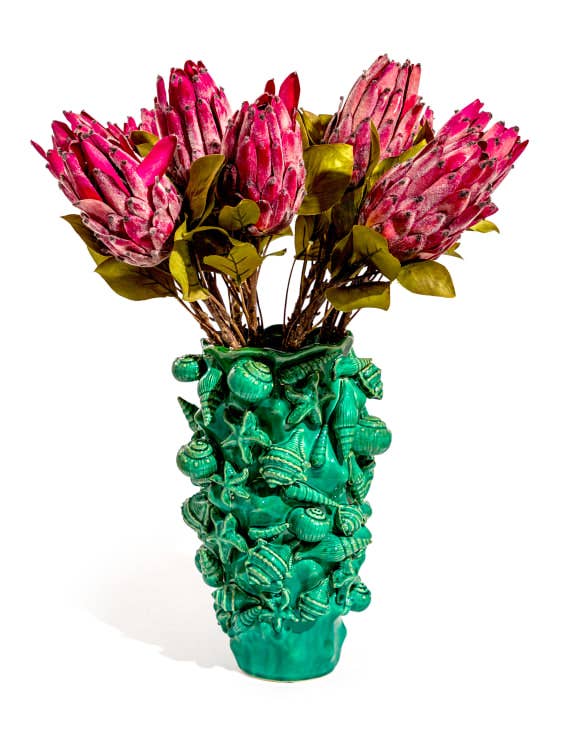 Large aqua blue crackled ceramic vase with a shell motif.