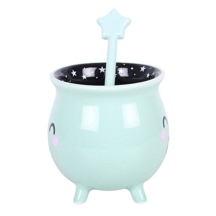 Tasse d'Halloween en forme de chaudron kawaii vert menthe avec touillette en forme de baguette