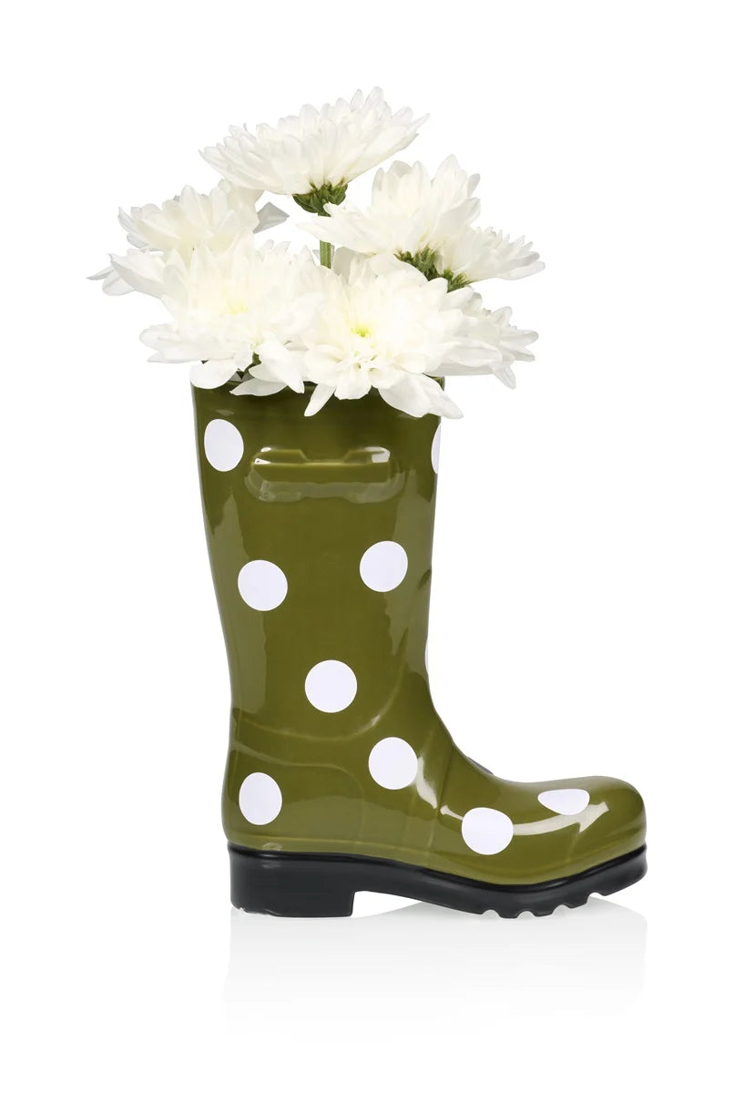 Groene vaas met stippen in de vorm van regenlaarzen
