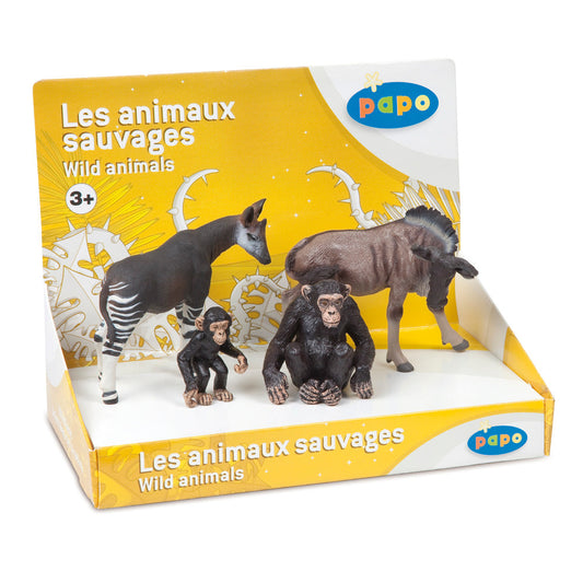 Coffret animaux sauvage (okapi, gnou, chimpanzé et son bébé)