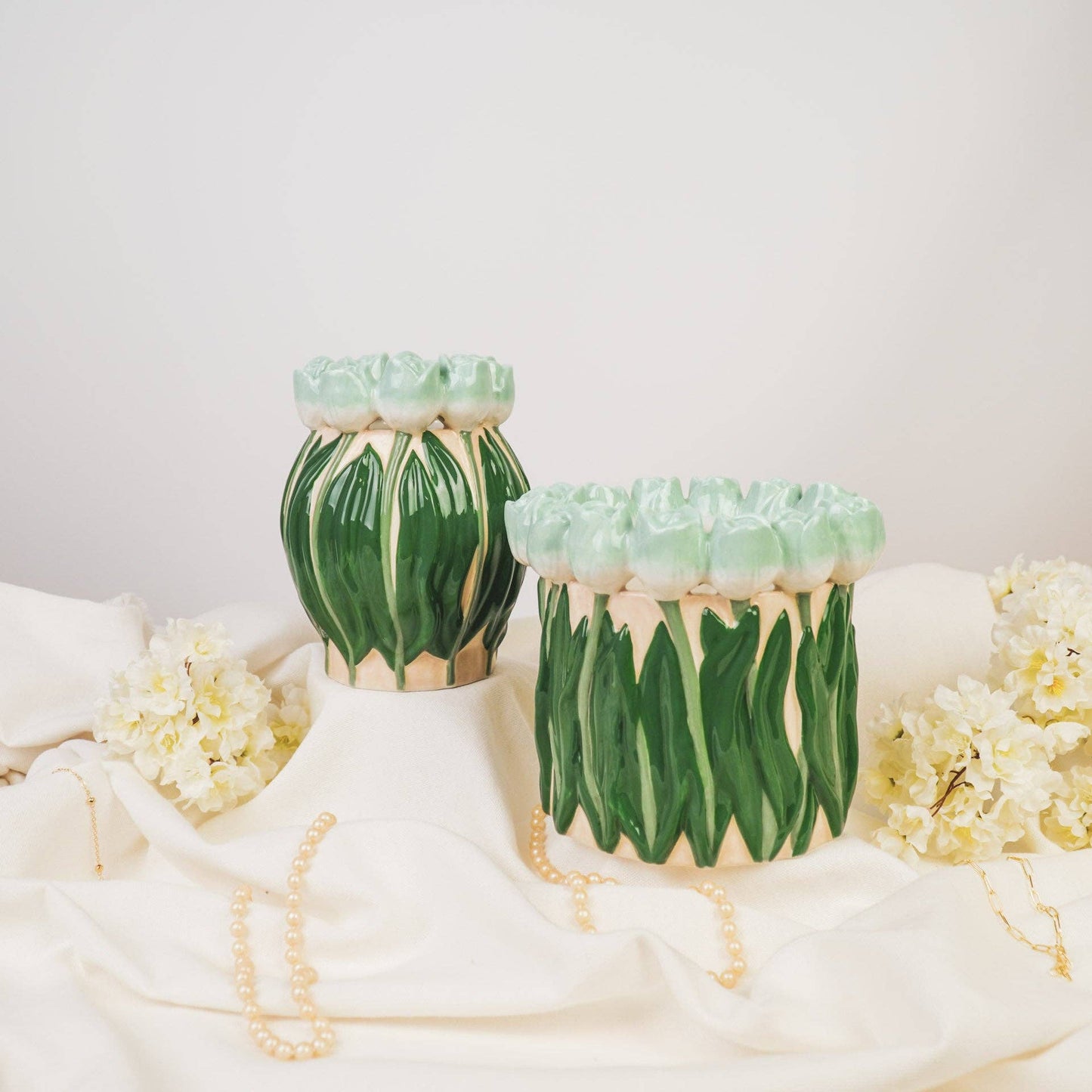 Vase - Tulips - Dolomite - Mint/Green - 14x14x18cm
