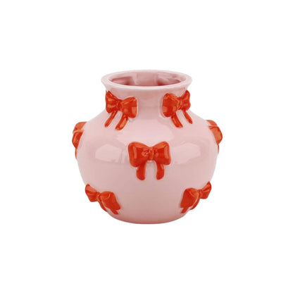 Vaas - Bloemenvaas met linten - Roze/Oranje - 14,5x14,5x13 cm