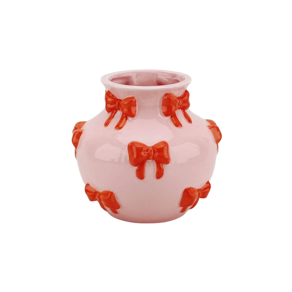 Vaas - Bloemenvaas met linten - Roze/Oranje - 14,5x14,5x13 cm