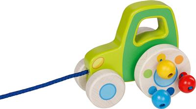 Véhiclue à tirer: TRACTEUR 11x11x10cm, avec des perles colorées à cliquer, bois, 1+
