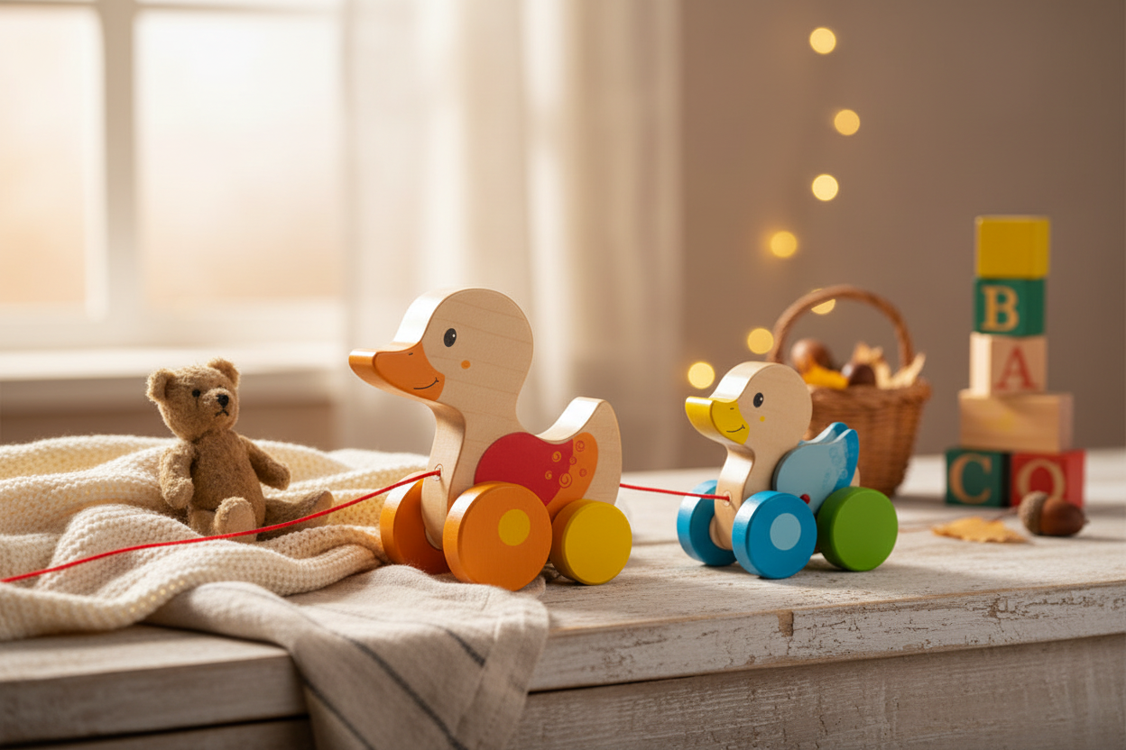 Animal à tirer - Famille Canard en Bois à Tirer
