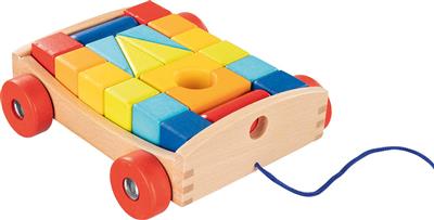 Voiture à tirer: BLOCS DE CONSTRUCTION 17x15x5,5cm, avec 20 blocs, en bois vernis, 2+