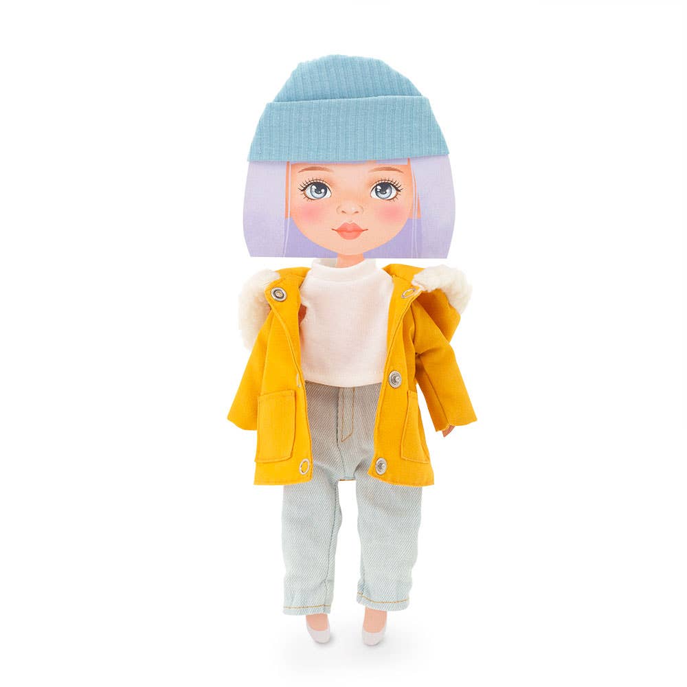 Ensemble vêtements : parka moutarde pour poupée 28 cm