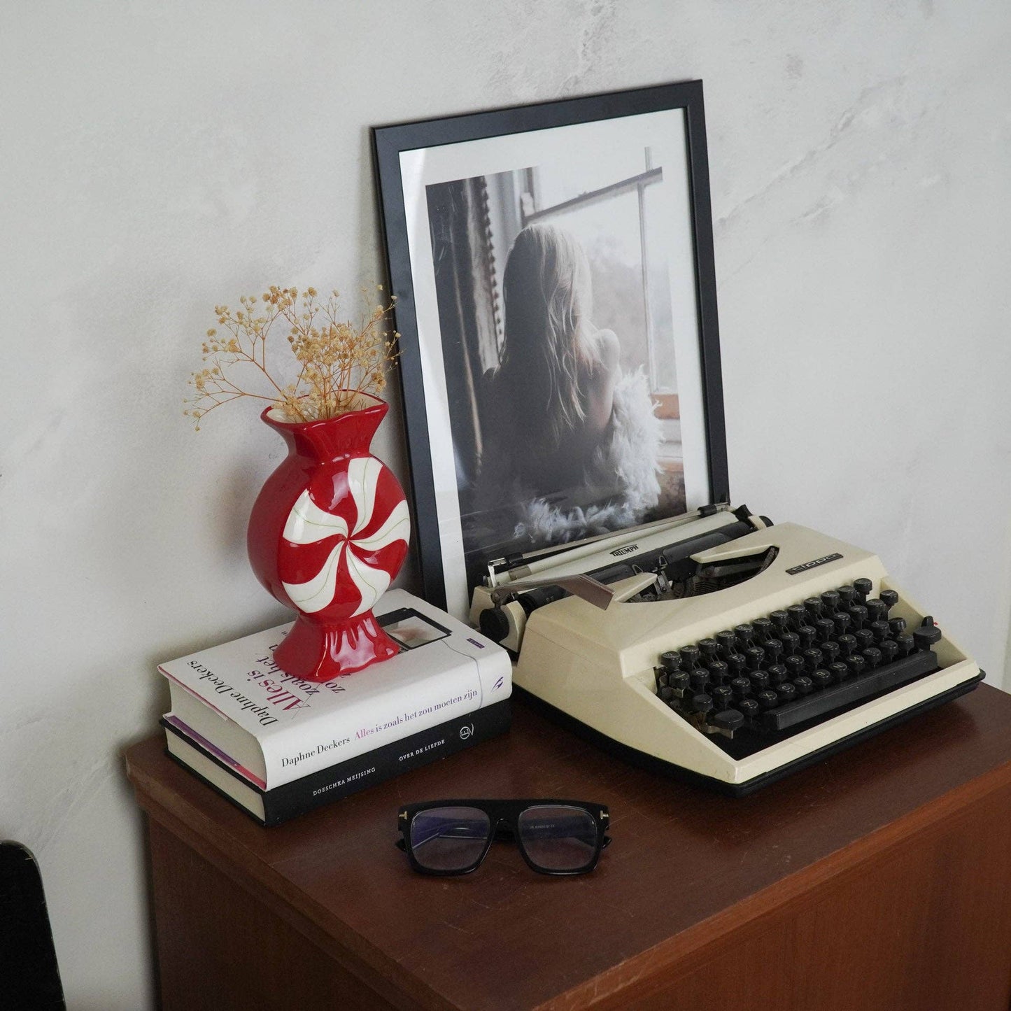 Bloemenvaas - Karamelkleur - Keramiek - Rood/Wit - 12x6,5x20cm