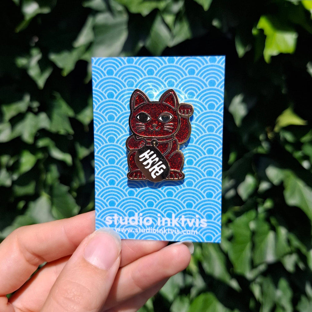Red Glitter Lucky Cat Pin