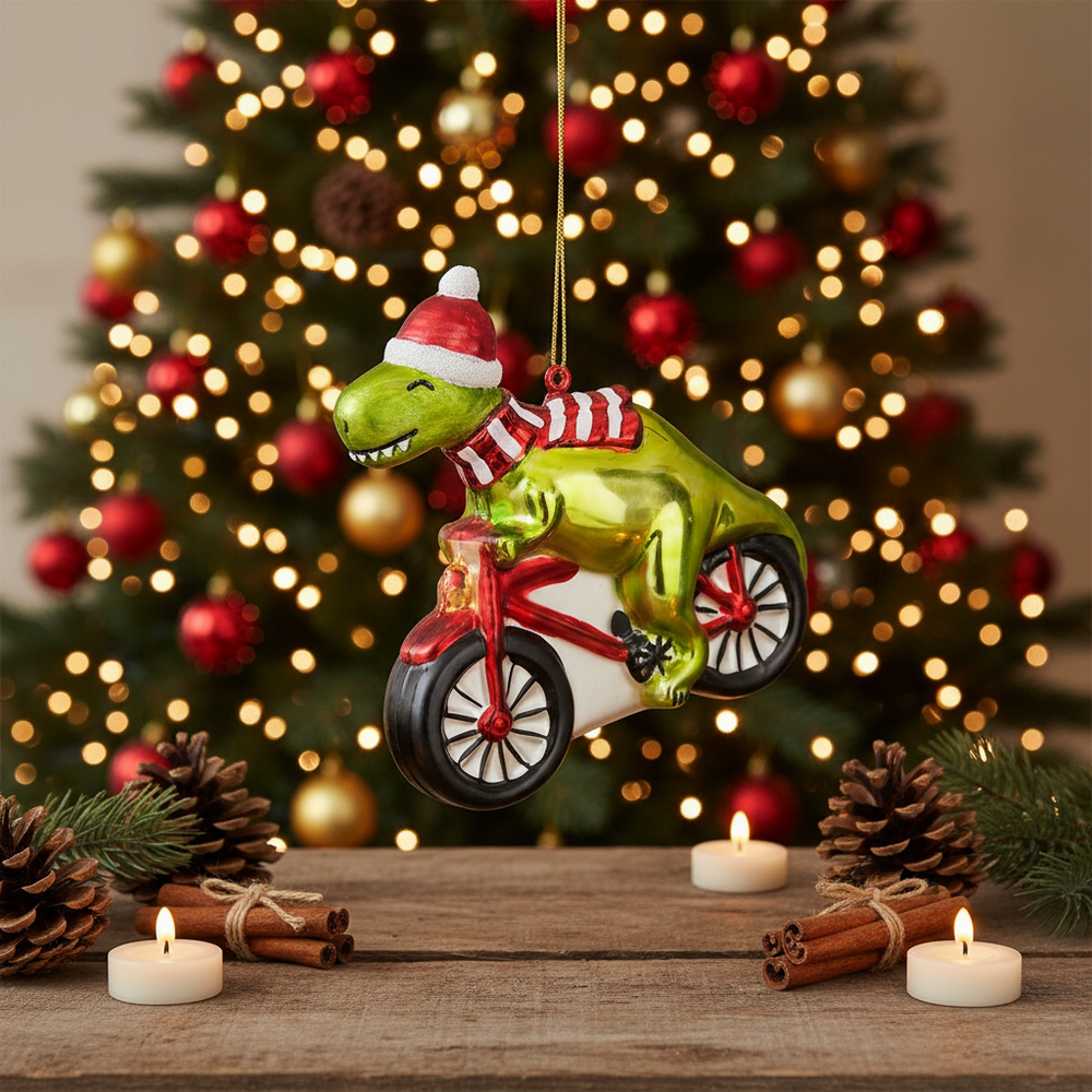 Dinosaur on a Bike Christmas Ornament