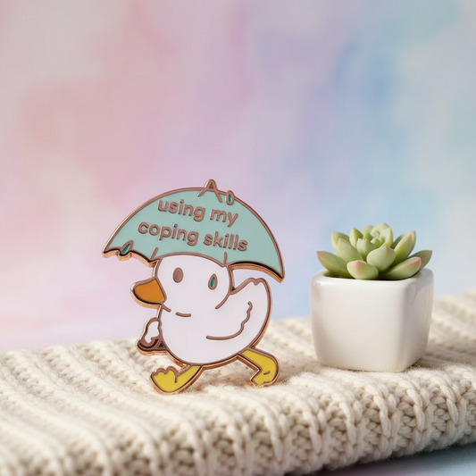 Pin's Canard Blanc avec Parapluie "Using my coping style"