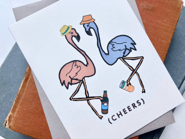 Wenskaart "Leggy Cheers" met flamingo-motief
