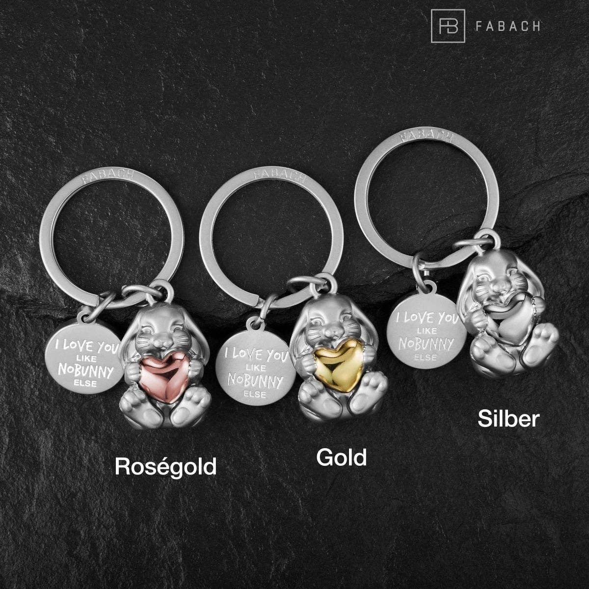 "I love you like no bunny else" bunny-shaped keychain with engraving. Cute lucky charm with a heart