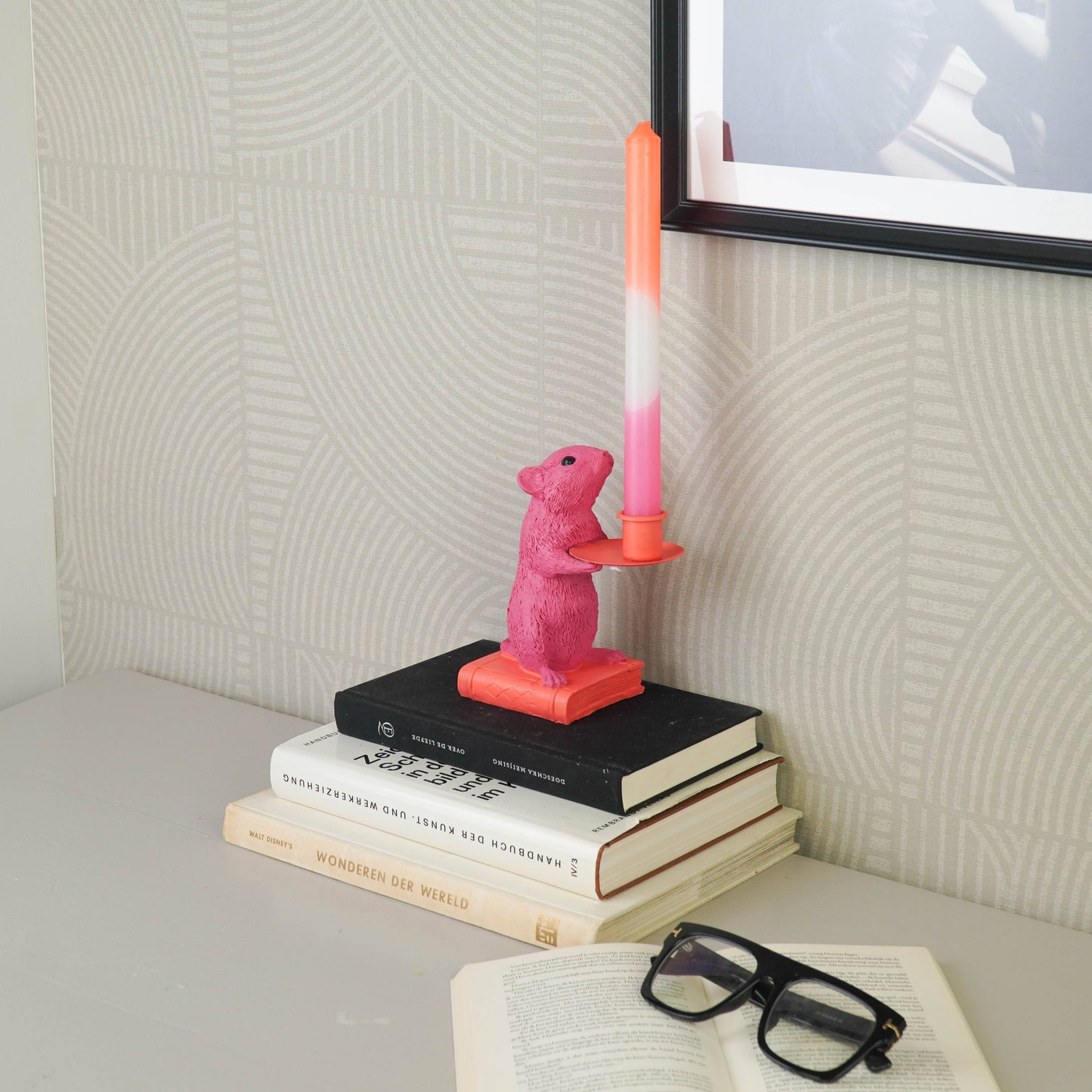 Kaarsenhouder - Muis - Polyhars - Roze/Rood - 8x10x17cm