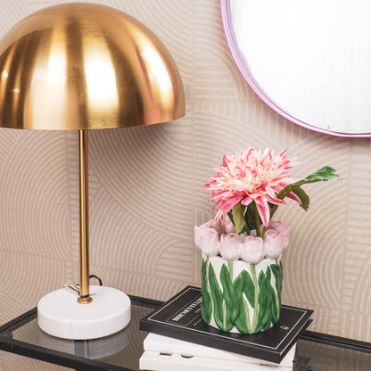 Vase - Tulips - Dolomite - Light pink/Green - 15x15x14cm