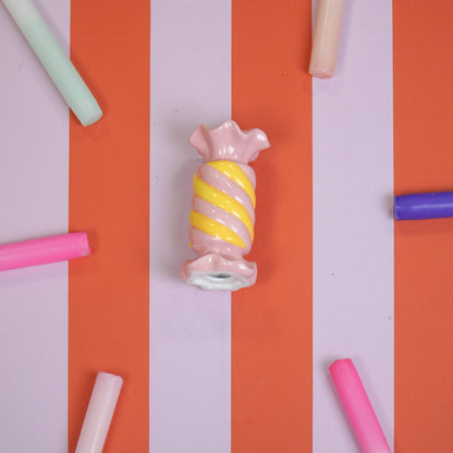 Bougeoir - Bonbon Toffee - Céramique - Rose/Jaune - 7,5x7,5x13 cm