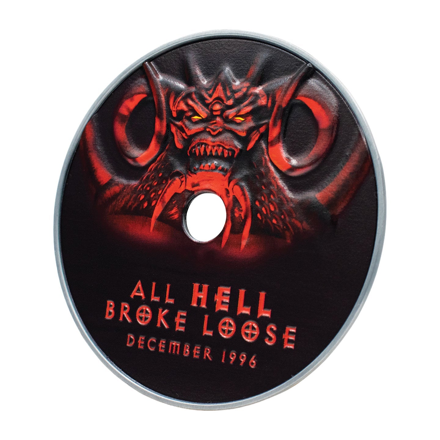 Réplique du CD-ROM Diablo 30e anniversaire Fanattik – recto vu de trois quarts
