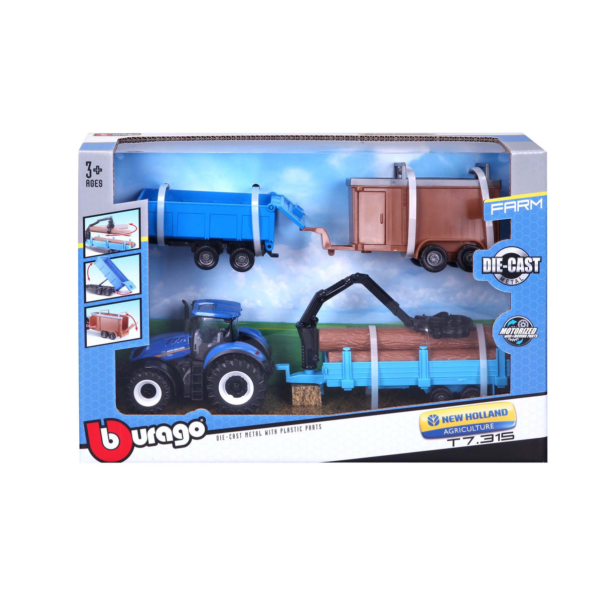 TRACTEUR NEW HOLLAND T7.315 DE 10 CM AVEC 3 REMORQUES
