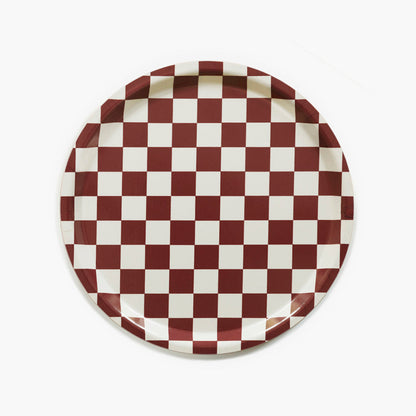 Burgundy/Cream CHECKER Round Serving Tray - 31 cm