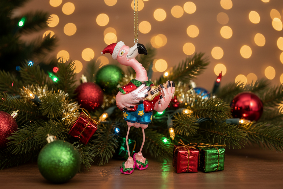 Pink Flamingo Christmas Bauble with Guitar