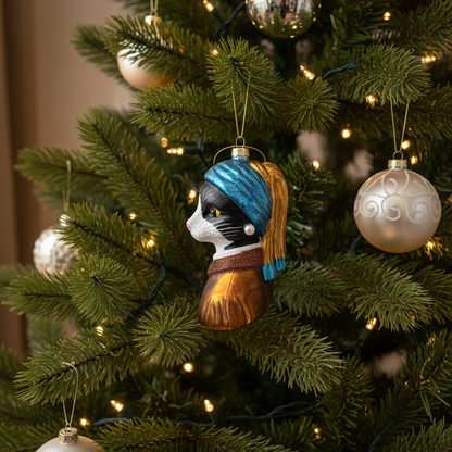 Kerstbalmeisje met pareloorbellen en smokingkat