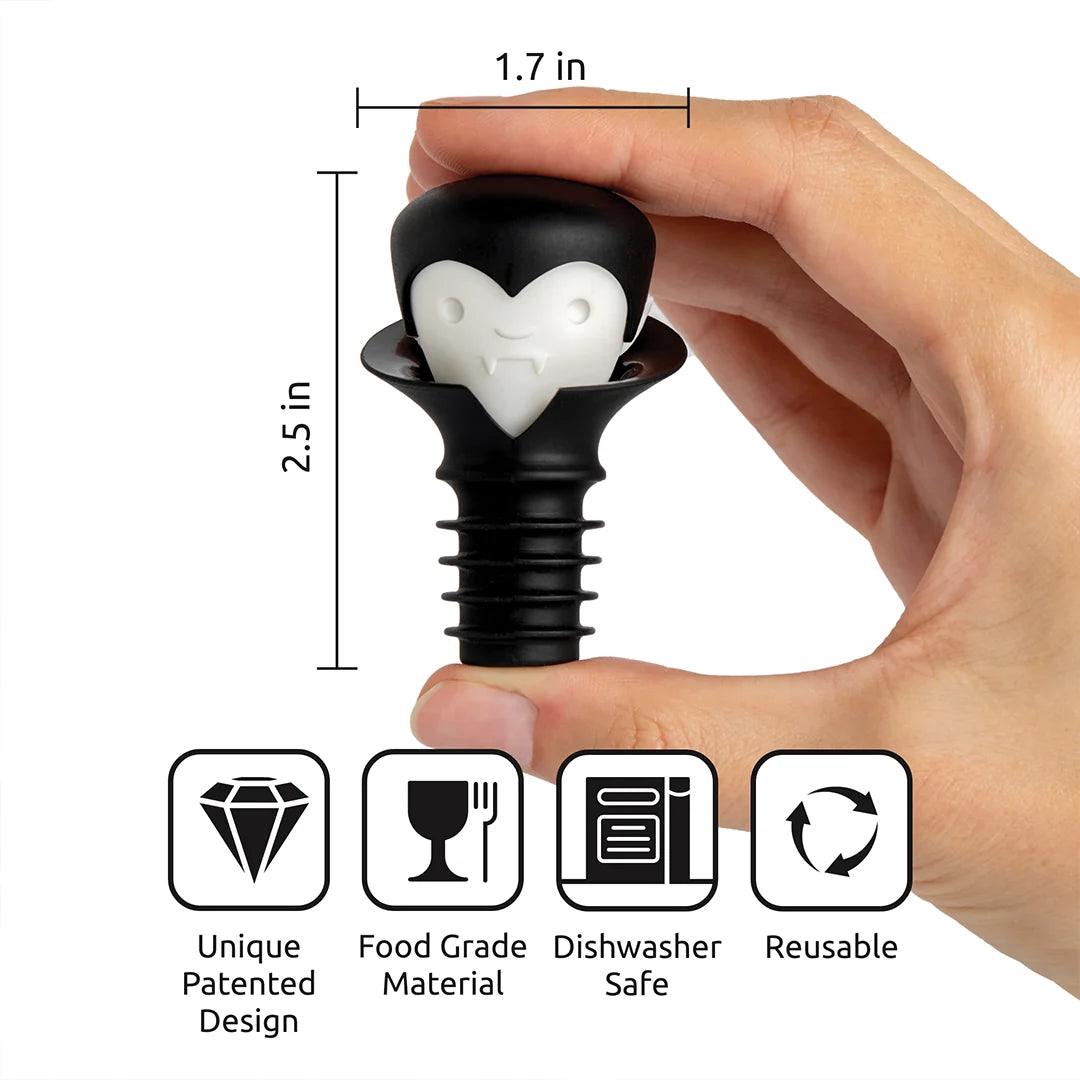 Hand holding the wine-themed Count Corkula stopper with displayed product icons and dimensions.