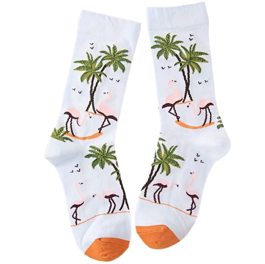 chaussettes flamants roses palmiers