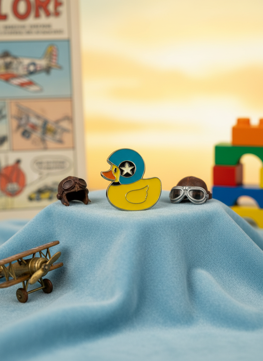 Gele eendjesbroche met motorhelm