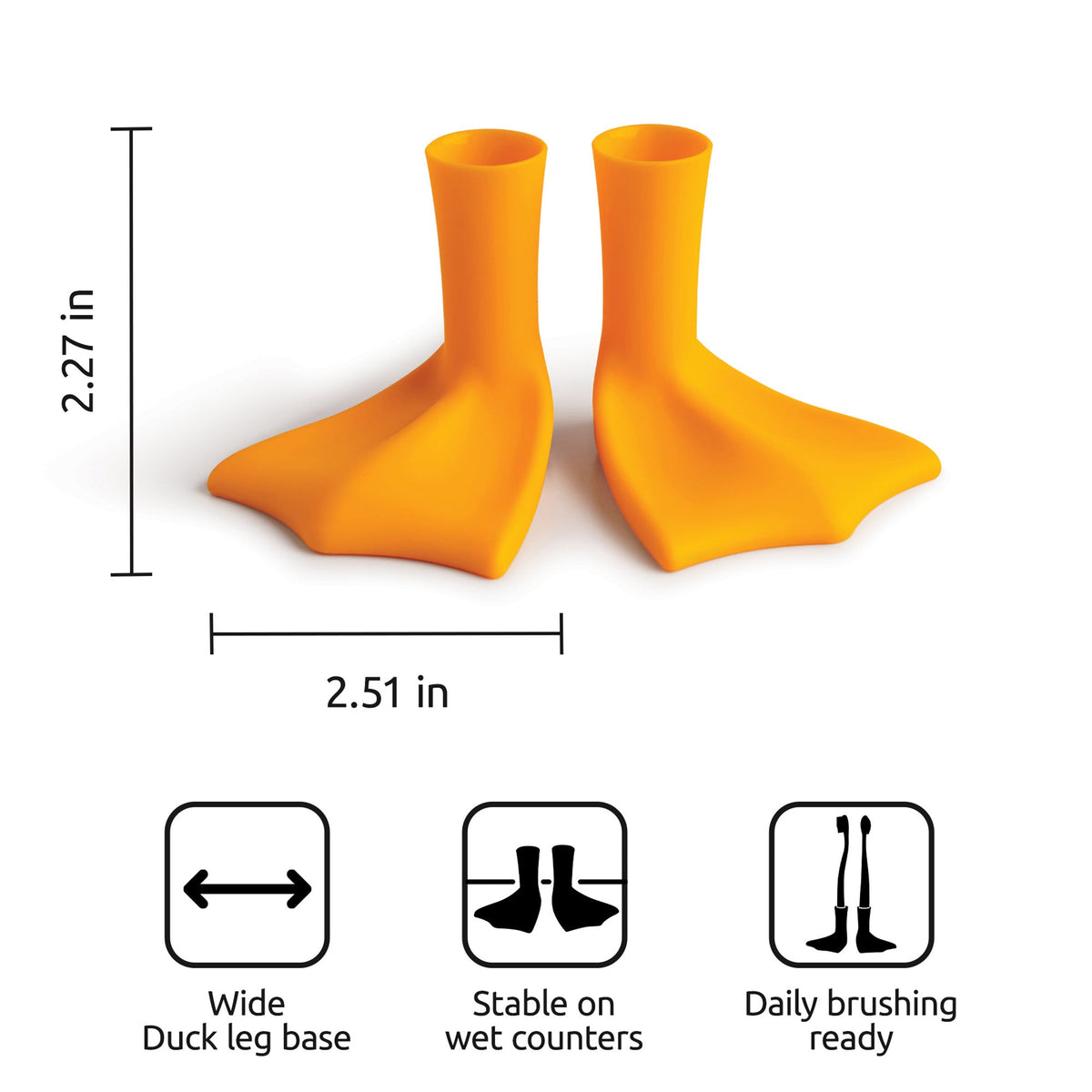 Orange OTOTO Duck-Clean toothbrush holders shaped like duck feet, with dimensions and feature icons.