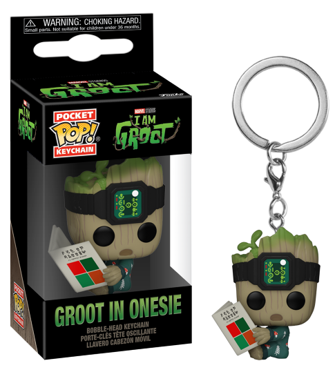 pop keychain groot en pyjama avec un livre