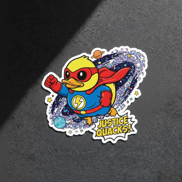 Superhelden-eendsticker – “Gerechtigheid kwakt!”