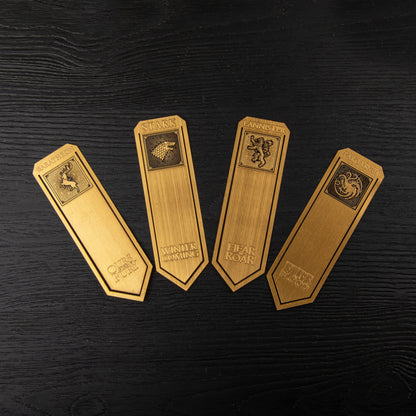 Set of 4 metal bookmarks: Stark, Lannister, Baratheon and Targaryen