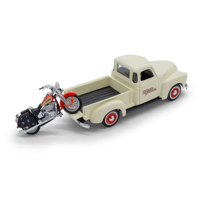 1:24 HARLEY DAVIDSON CHEVROLET 3100 PICKUP AVEC FLSTS HERITAGE SPRINGER CHEVY