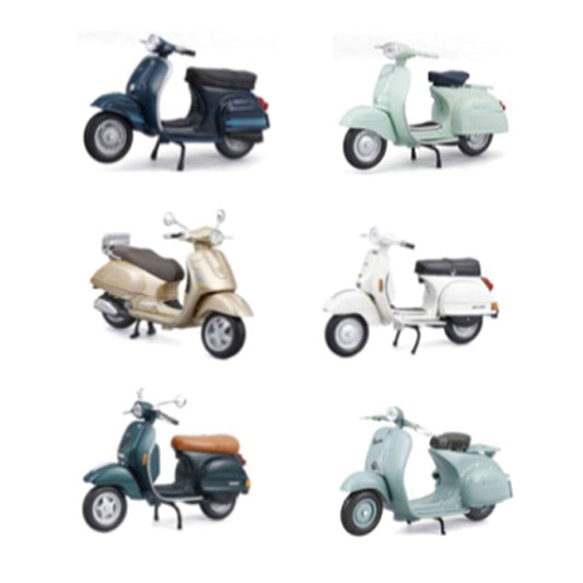 ASSORTMENT OF 1:18 VESPA SCOOTERS AND MOTORCYCLES - 12-PIECE DISPLAY
