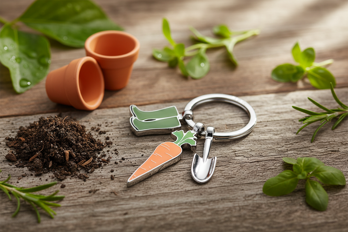 Porte-clés « GARDEN LOVE » – Bottes + Pelle + Carotte