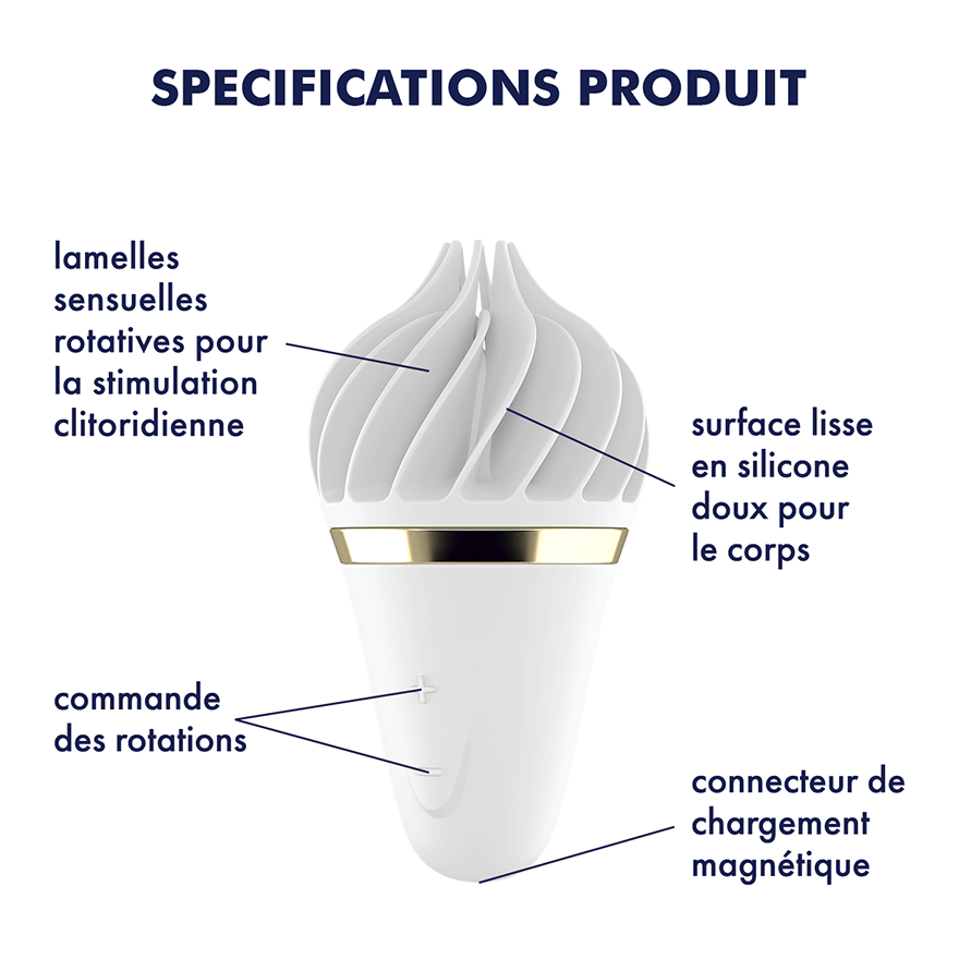Satisfyer Sweet Treat Spinnator blanc – visuel des caractéristiques fabricant