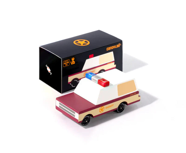 Houten politieauto van Candycar World - Sheriff