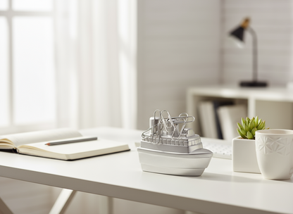 Potloodslijper in de vorm van een boot en magneet voor paperclips